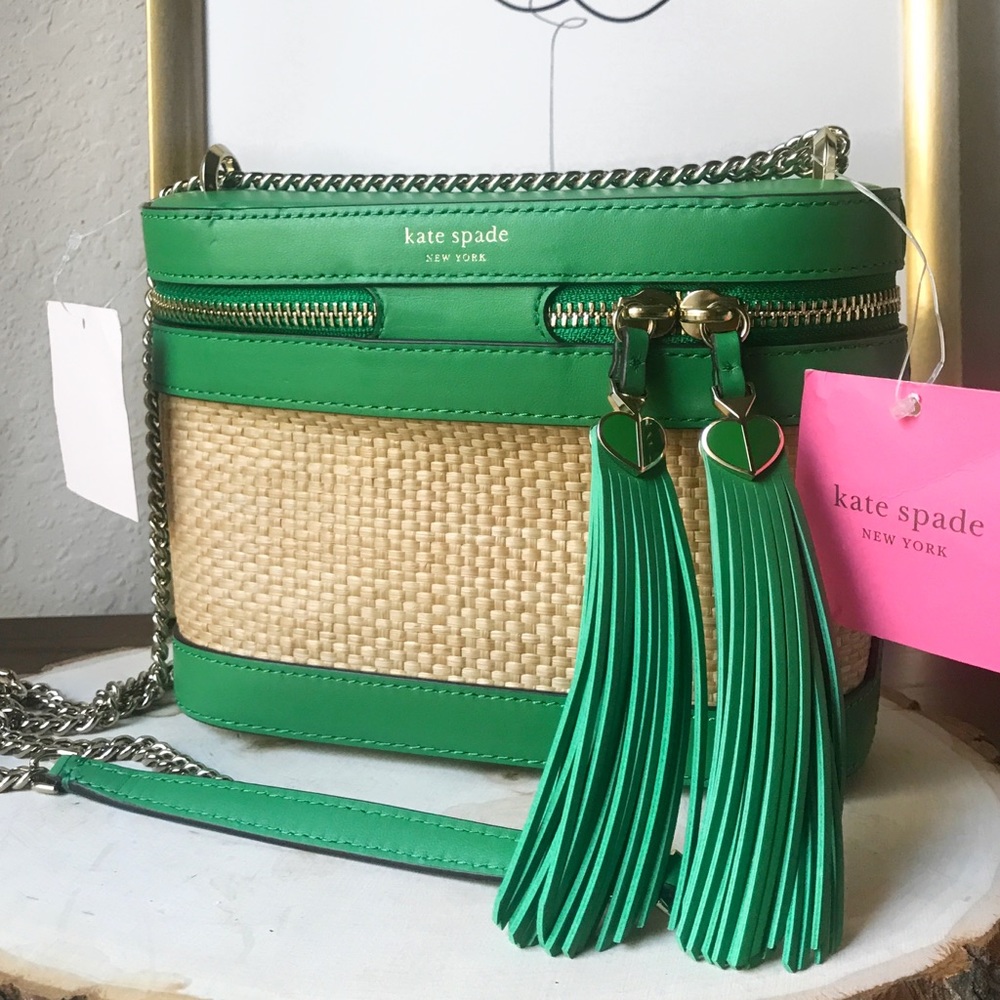 NWT Kate Spade Green leather Straw Crossbody purse